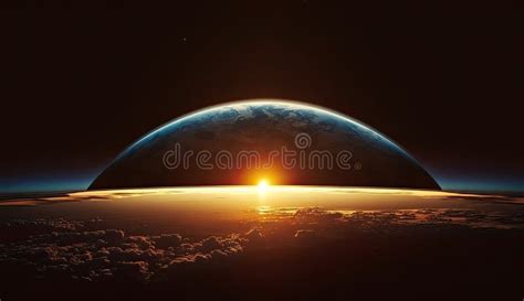 Sun Rising Over Planet Earth In Space Planet View With Moon Horizon