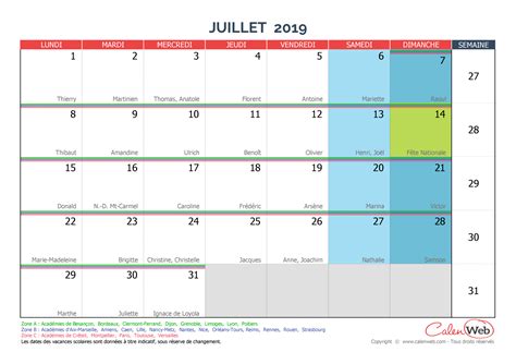 Calendrier Mensuel Mois De Juillet 2019 Avec Fêtes Jours