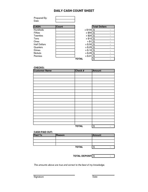 Daily Cash Count Sheet Template Balance Sheet Template Sheet Money