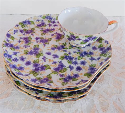 Vintage Chintz China Snack Plate And Tea Cup Set Purple Pansies Etsy