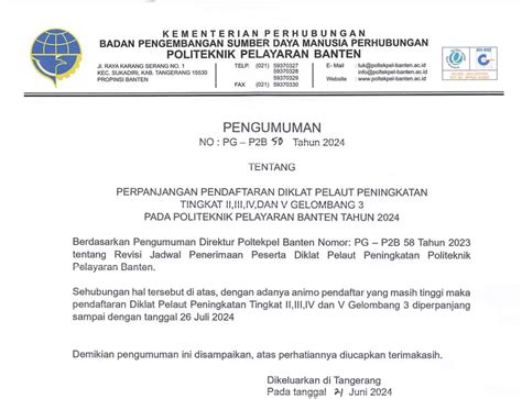 Pengumuman Perpanjangan Pendaftaran Diklat Pelaut Peningkatan II III