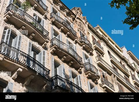 Traditional Apartment Buildings With Balconies Barcelona Spain Stock
