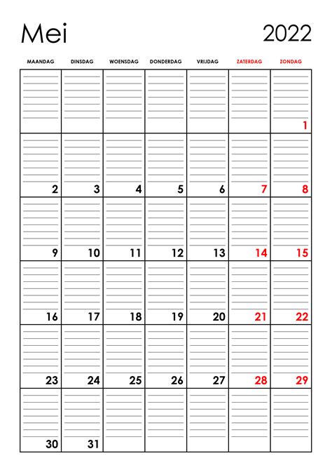 Lege Kalender Mei 2022