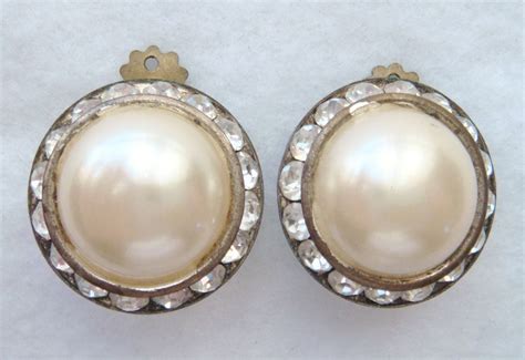 Large Faux Pearl Clear Rhinestone Clip On Earrings Etsy Clip On