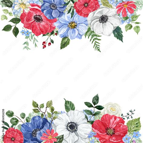 Square Floral Frame With Red White And Blue Flowers Watercolor