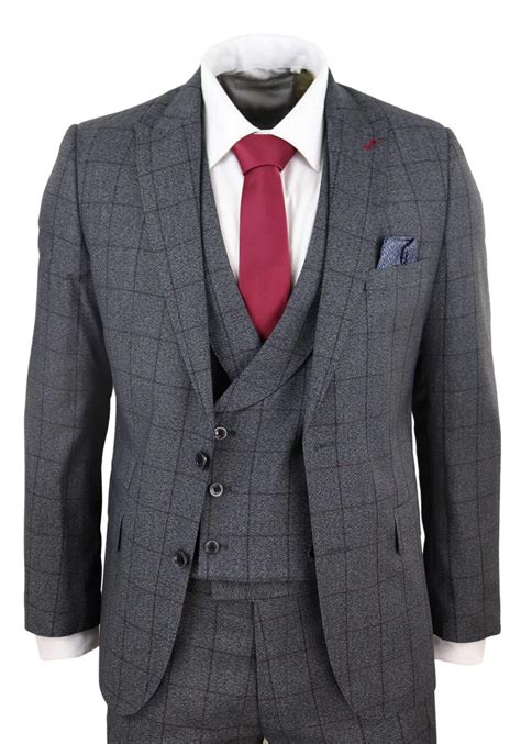 Mens 3 Piece Grey Check Suit With Double Breasted Waistcoat Happy