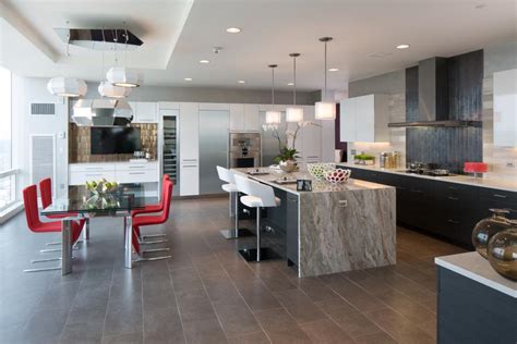 Gray And White Contemporary Open Plan Kitchen And Dining Area Hgtv