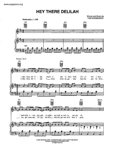 Hey There Delilah Sheet Music Piano Score Free Pdf Download Hk