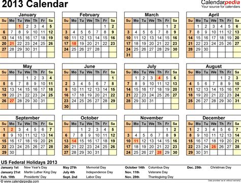 2013 Calendar Excel 11 Free Printable Templates Xlsxlsx