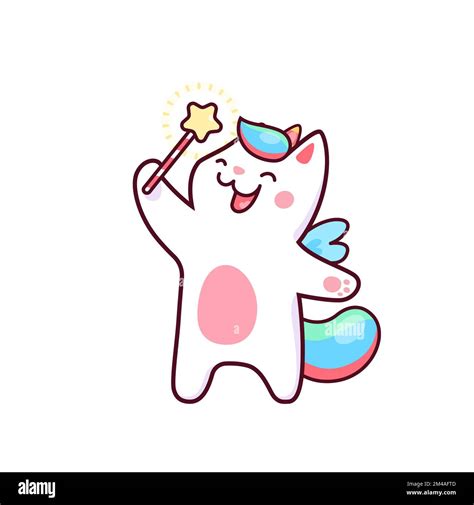 Cartoon Cute Kawaii Caticorn Wizard Character With Magic Wand Cute