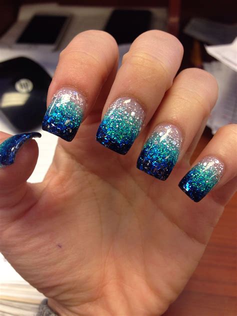 Blue Teal Glitter Faded Nails Nails Yellow Teal Nails Ombre Acrylic