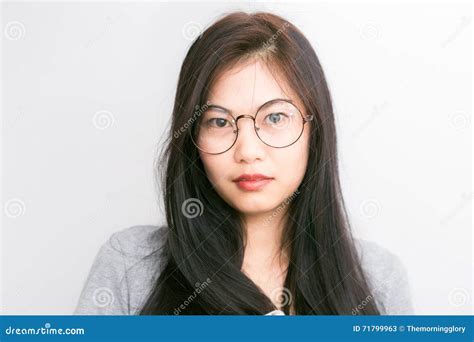 Portrait Young Asian Nerd Business Woman With Hipster Glasses Cl Stock