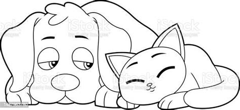 Outlined Funny Dog And Cat Cartoon Characters Sleeping Together Stock