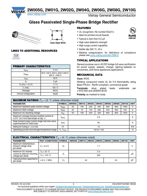 2W04G Datasheet Glass Passivated Single Phase Bridge Rectifier