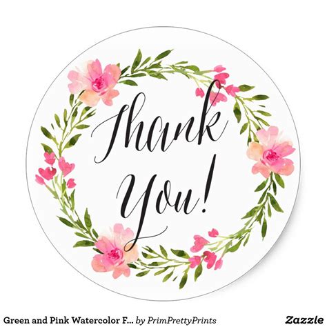 Green And Pink Watercolor Floral Thank You Sticker Thank