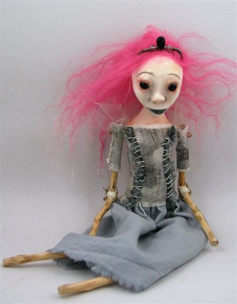 contemporary folk art doll cloth clay hand sewn jointed limbs pink hair contemporary folk art