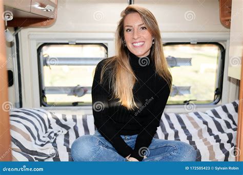 Beautiful Woman In Rv Looking Sit In Motorhome Bed In Vanlife Campervan