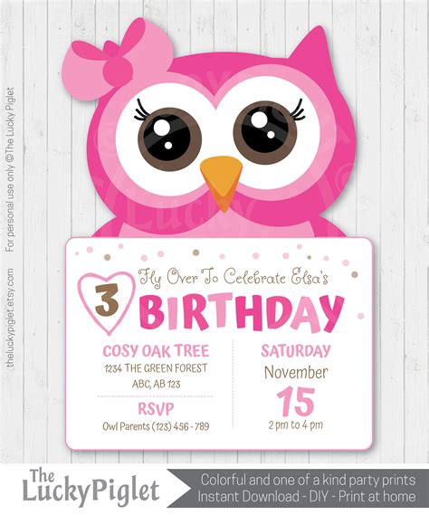 Owl Birthday Invitations Printable Pink Owl Theme Party Etsy