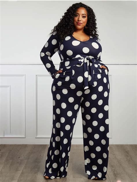 Wholesale Polka Dots Side Pockets Plus Size Wide Leg Jumpsuit