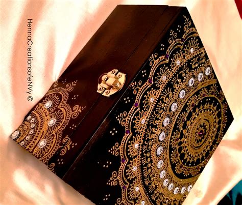 Henna Art Wooden Jewelry Box In Midnight Black And Inlaid With