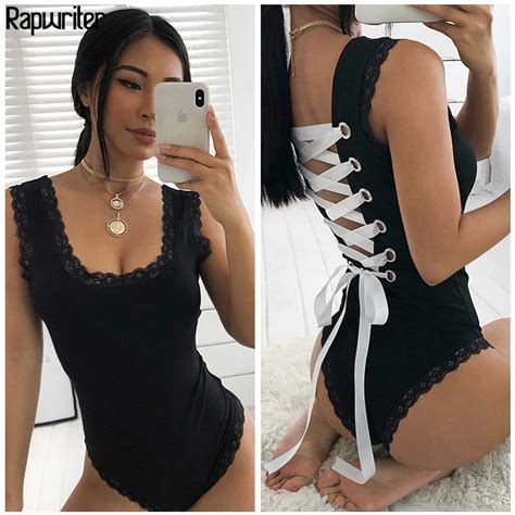 rapwriter sexy backless cross lace up skinny lace patchwork black bodysuits women 2018 stretch