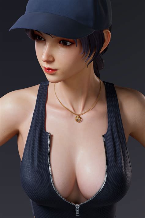 zhang fuzeng women blue hair cleavage cgi baseball cap zipper simple background portrait