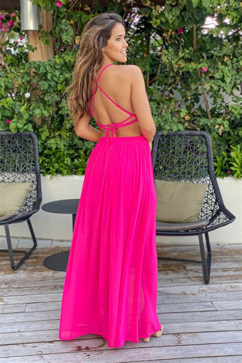 Hot Pink Maxi Dress With Cut Outs And Side Slit Maxi Dressesn Saved By The Dress
