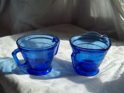 Monderntone Cobalt Blue Glass Sugar And Creamer Set Vintage Hazel Atlas