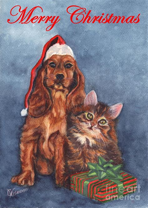 Dog And Cat Merry Christmas Painting By Carol Wisniewski
