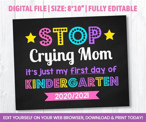 Editable 1st Day Of School Chalkboard Sign Stop Crying Mom Self Editing Announcement Girls