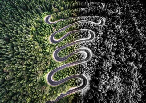 Aerial View Of A Curved Road In The Forest Stock Image Image Of Road