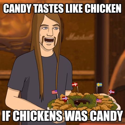 a man with long hair standing in front of a cake that says candy tastes like chicken if
