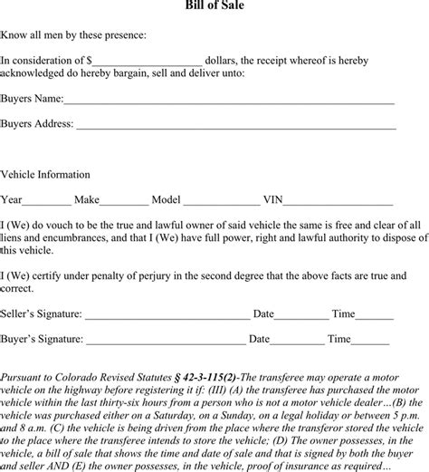 Free Colorado Vehicle Bill Of Sale Form Pdf 12kb 1 Pages