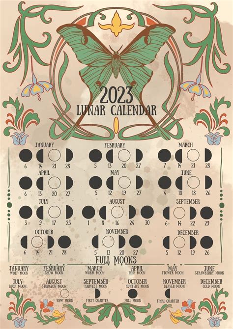 Lunar Calendar 2023 Art Nouveau Lunamoth Etsy Moon Calendar Lunar