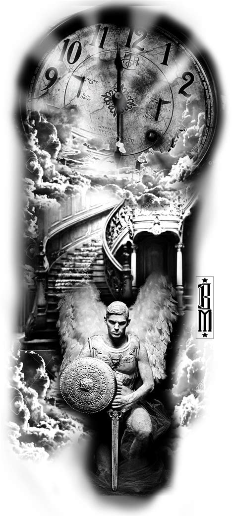 clock angel sky stairs time sky clouds design tattoo black and grey