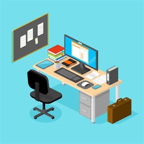 Isometric Office Workspace With Desktop Computer Vector Illustration