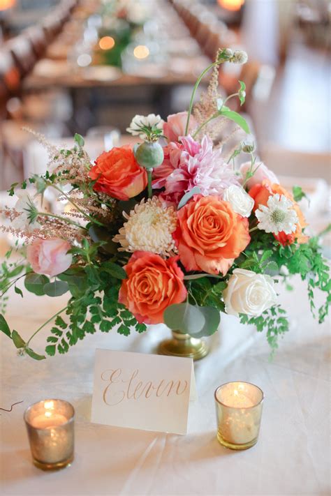 Low Ivory And Coral Garden Rose And Fern Centerpiece Coral Flowers