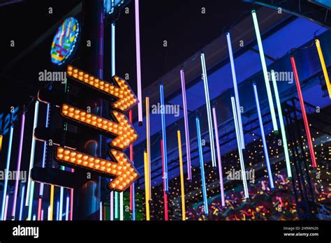 Colorful Neon Lights At Night Low Angle View Stock Photo Alamy