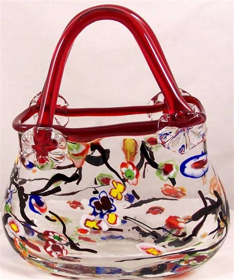 Floral Murano Style Blown Art Glass Handbag Purse Vase Applied Red Handles Purses Glass Art