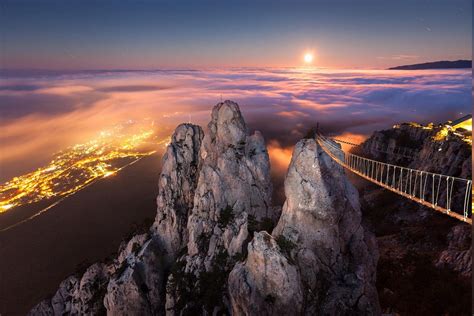 Moonlight Mountain Crimea Yalta Mist Night Cliff