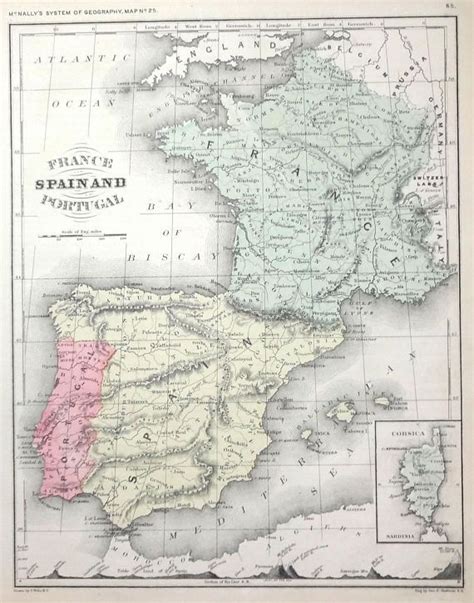 É o país mais a oeste do continente europeu, sendo delimitado a oeste e a sul pelo oceano. Antique 1868 Map of France Spain Portugal, McNally's Atlas ...