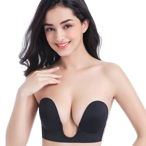 Womens U Shape Low Cut Plunge Bras Invisible Push Up Bra Self Adhesive Strapless Bras Blackless