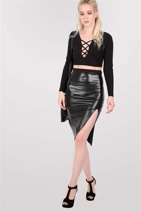 Leather Look Front Split Pencil Skirt In Black Pilot Pencil Skirt