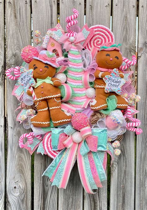 Christmas Wreath Christmas Decor Gingerbread Wreath Pink Etsy Candy