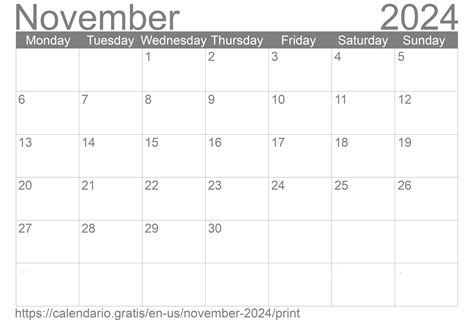 Calendar November 2024 From United States Of America In English ☑️
