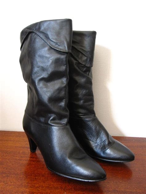 Vintage Black Leather 80s Kitten Heel Slouch Boots By Retrovous