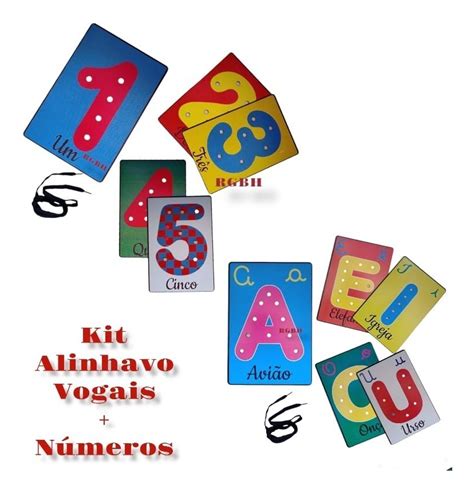 Kit Brinquedo Pedagógico Madeira Alinhavo Vogais Numerais