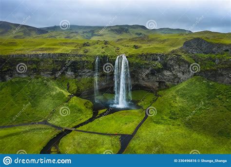 Aerial Photo Of Most Visited Seljalandsfoss Waterfall Iceland Stock