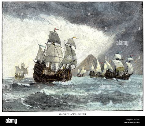 Ships Of Ferdinand Magellan Rounding Tierra Del Fuego To Stock Photo