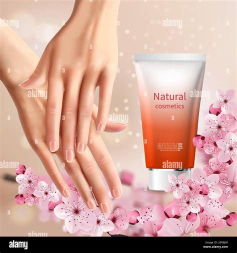 Sakura Promotion Flyer With Women S Hands And Tube Of Hand Cream With Natural Name Vector